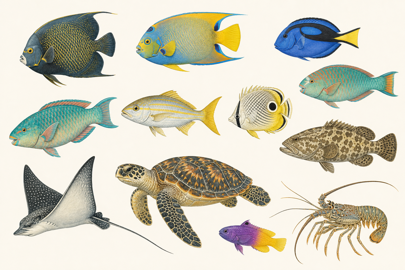 Natural-history collage of signature Puerto Rico reef fish